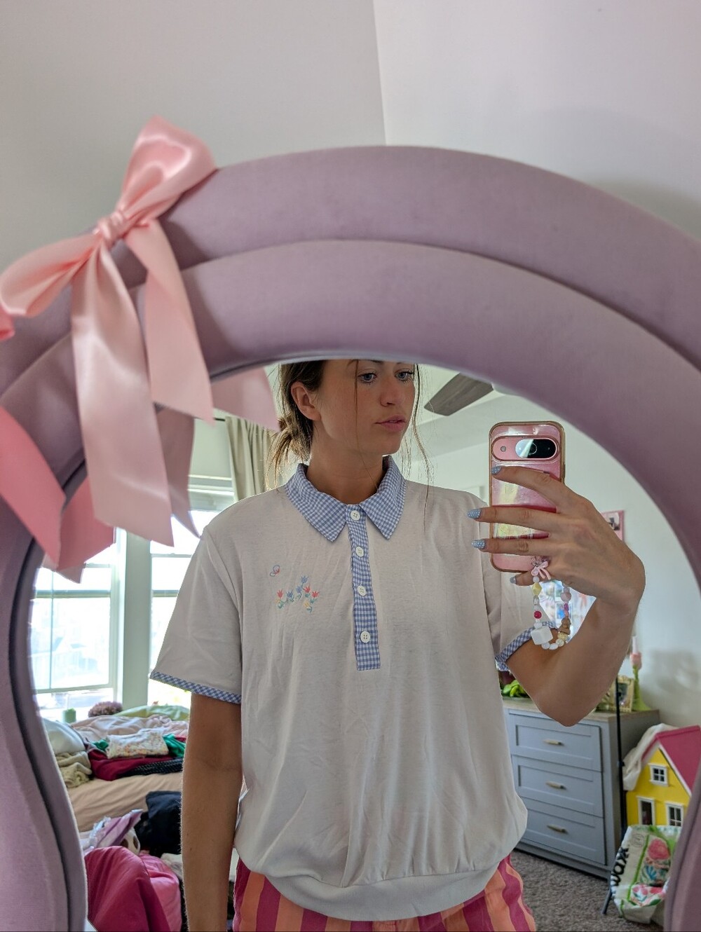 White Polo Top with Blue Gingham Collar And Embroidered Flowers